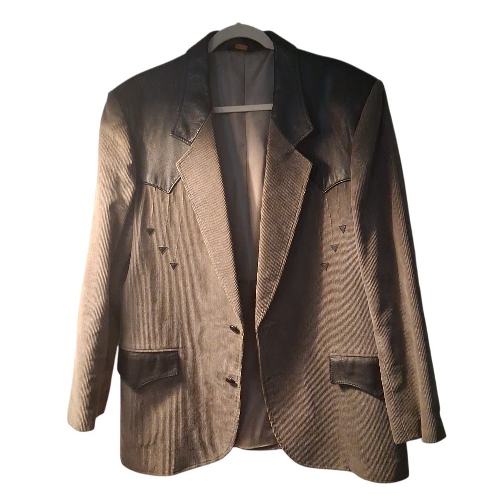 Vtg Pioneer Wear Men's Western Blazer Jacket Gray Corduroy Black Leather USA - Picture 2 of 13